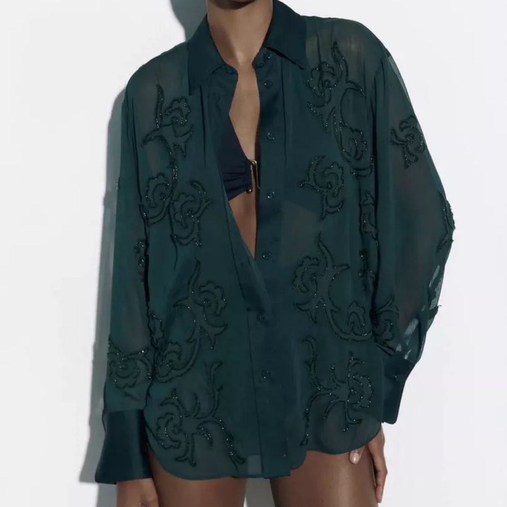 Zara Limited Edition Semi Sheer Embroidered Shirt Blouse - Green 4786/089